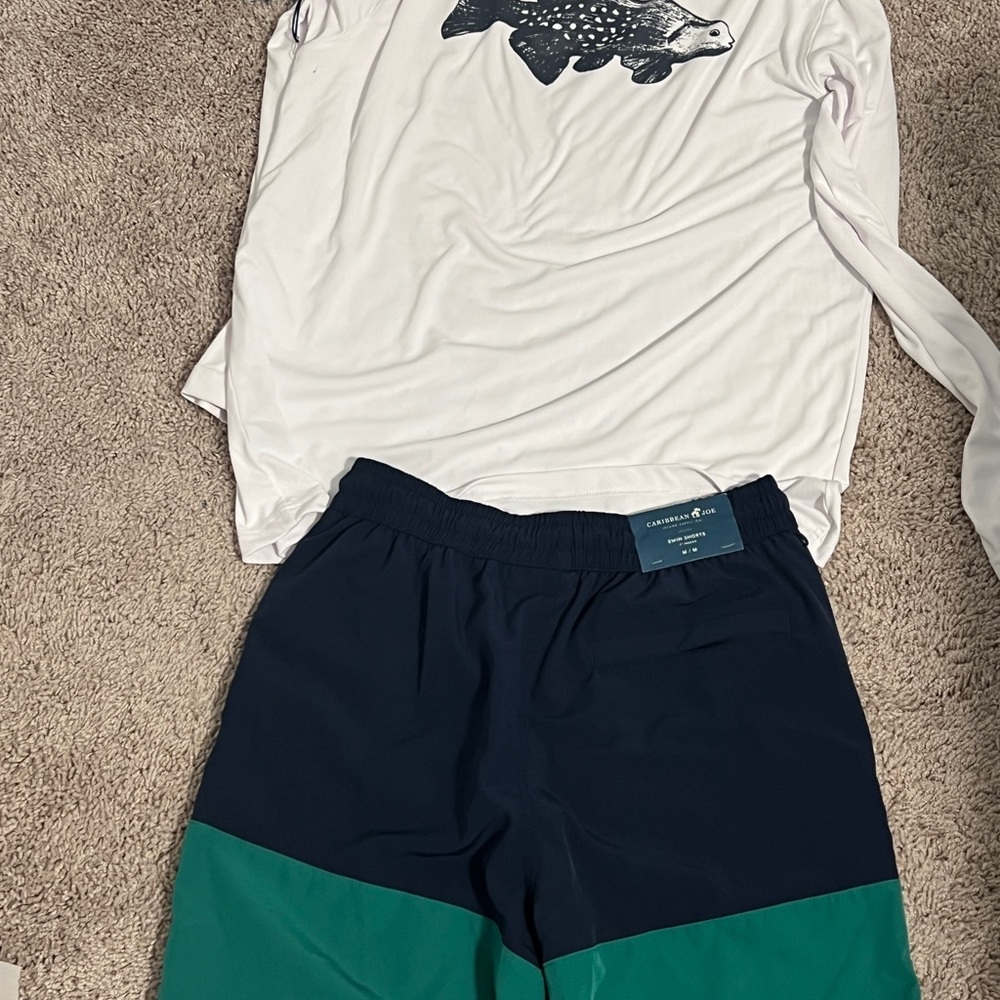 Caribbean Joe Men’s Swim Trunks Shorts & Fishing Camp Shirt Set / Size M UPF 50